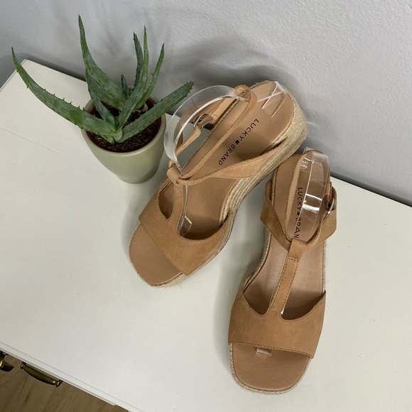 Lucky Brand Tan Woven Ankle Buckle Sandal Platform Heels Size 9.5 - Picture 6 of 6